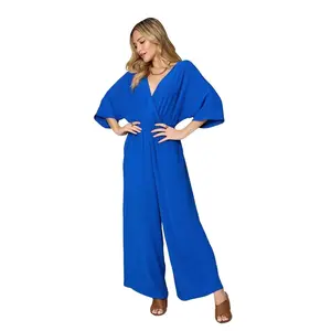 Double Take Full Size Surplice Wide Leg Jumpsuit with Pockets  Womenswear Spandex Hip Jeans Overalls Underwear Lady Comfort Polyester Comfort Polyester
