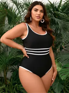 Women's Plus Size One Piece Swimsuit Square Neck Contrast Trim Stripe Waist Bathing Suit