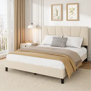 Garvee Queen Size Bed Frame with Adjustable Headboard, Linen Upholstered Full Platform Bedframe with Strong Wooden Slats, Mattress Foundation, No Box Spring Needed, Easy Assembly