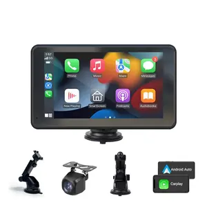 Portable in-car wireless entertainment system compatible with Apple CarPlay and Android Auto featuring a 7-inch HD touchscreen support for MirrorLink Bluetooth 5.3 rearview camera TF card slot AUX input and FM transmitter—suitable for all vehicle types