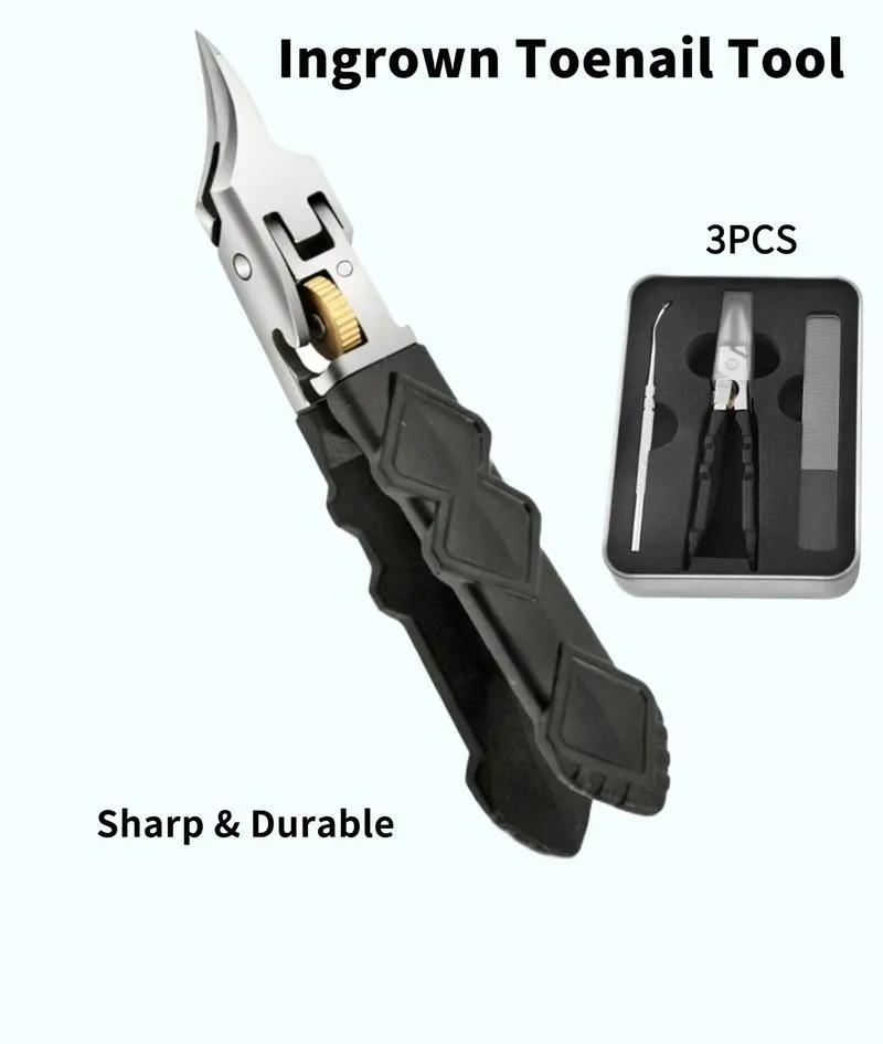 3Pcs Ingrown Toenail Clipper Set, Gear Lock Stainless Steel Angled Nail Nipper for Thick Hard Nails, Professional Pedicure Tools Kit Heavy Duty Gear Lock Ingrown Nail Cutters Kit, Sharp Curved Blade Toenail Trimmer with Nail Cleaner & Glass File