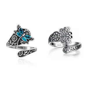 S925-Sterling-Silver Dragonfly/Butterfly Spoon Ring - Vintage Boho Sunflower Thumb Rings Oxidized Wrap Ring Victorian Style Antique Floral Jewelry Gifts for Women