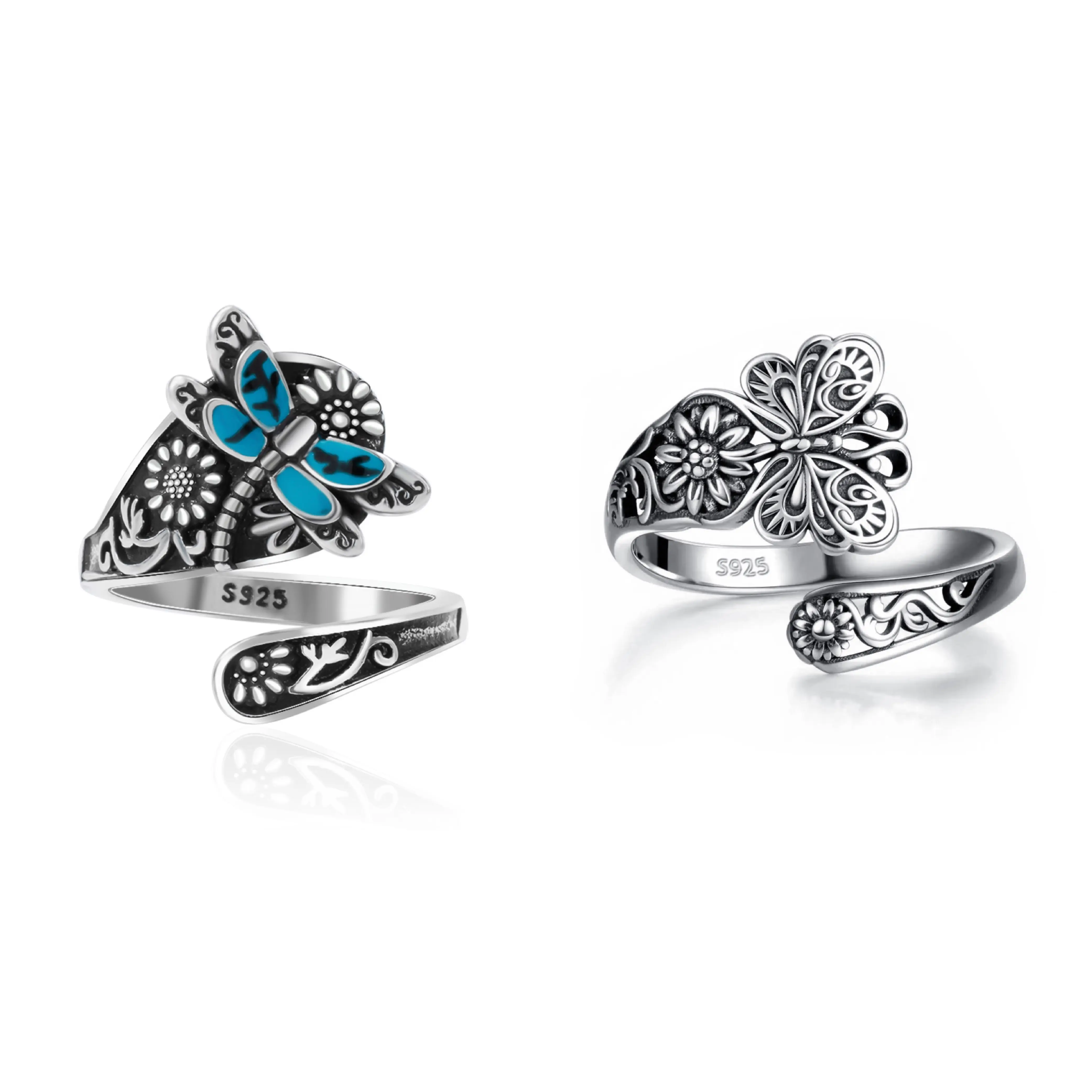 S925-Sterling-Silver Dragonfly/Butterfly Spoon Ring - Vintage Boho Sunflower Thumb Rings Oxidized Wrap Ring Victorian Style Antique Floral Jewelry Gifts for Women