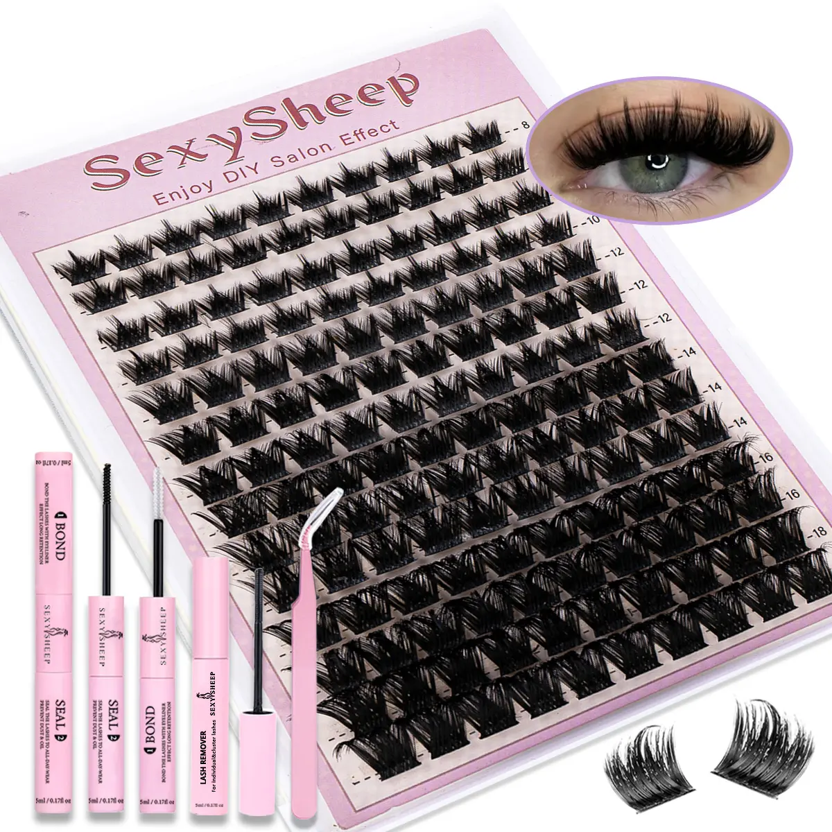 Sexy Sheep Lash Extension Kit Fairy Lash Clusters Kit Individual Lashes Clusters Dense Volume Eyelashes D Curl Synthetic Eyelash Clusters 8-18mm Length, DIY Eyelash Extension with Bond and Seal&Remove, Cosmetic Curly Lashes, Cosmetic