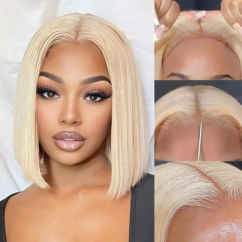 Bob Wig Human Hair Pre Plucked Pre Cut 13x4 Blonde HD Lace Closure Wig 613 Pre Bleached Wear and Go Wig Short 613 Bob Glueless Wig Human Hair 180% Density for Women