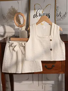 Girls' 2-Piece Solid Color Set, Square Neck Sleeveless Button Design Top, Elastic Waist Shorts with Adjustable Belt, Fashionable