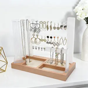 Modern Rectangle White Acrylic Jewelry Organizer Stand with Wood Base, 3-Tier Earring & Necklace Holder, and Ring Tray