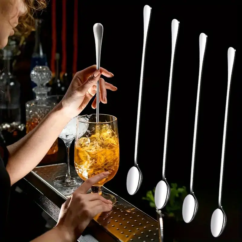 4PCS 12-Inch Long Handle Mixing Spoons, Iced Teaspoons, Ice Cream Spoon, Stainless Steel Cocktail Stirring Spoons