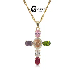GGIRL Stylish 2YK Vibes 18k Gold Plated Rainbow Cross Pendant Necklace for Women and Young Girl Inlaid Multicolor Sparkle Artificial Cubic Zircon Luxury Charm Dainty Faith Jewelry Gift Perfect For Daily Outfit Church&Festivals