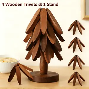 2026 New Year's Gift Plan Natural Tree Trivet Set 4 Wooden Trivets & 1 Stand Heat-Resistant Foldable Design Durable Solid Wood Ideal for Hot Dishes Pots Bowls Teapots Kitchenware Tableware Coasters Natural Tree Design