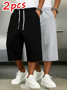 2pcs Men’s American Casual Loose Three-Quarter Joggers Basic Solid Knit Fabric Elastic Drawstring Design Street Style Everyday Wear Versatile