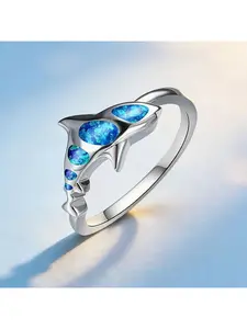 Ocean Theme Cute Shark Synthetic Blue Fire Opal Ring for Women Unique Engagement Finger Ring Gift for Lovers Jewelry Aniversary