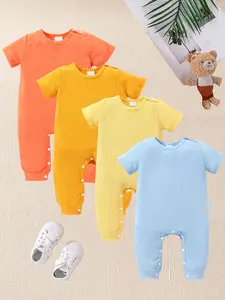 4 Piece Multicolor Ribbed Short Sleeve Onesies Set, Simple Fresh Design, Breathable Skin-Friendly Texture, Easy Wear for Babies, Baby Clothing