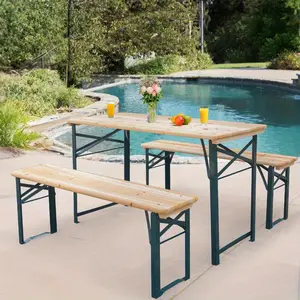 3-Piece Foldable Picnic Table Set with 2 Benches, Wood & Steel Frame Outdoor Dining Set for Patio, Camping, Garden