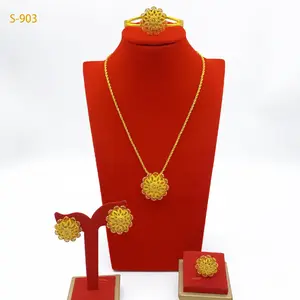 Sand Gold-plated Flower Pendant Temperament Necklace Bangles Earrings Ring Four-piece Set Of Anniversary Unique Fashion Jewelry Gifts