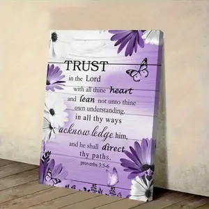 1 Piece Country Style Purple Floral Bible Verse Poster - Proverbs 3:5-6 Latin and White Decorative Painting, Canvas Frame Painting for Living Room, Bedroom, Bathroom, Office - Christian Home Decoration Gift, Inspirational Artwork, Durable 2D Painting