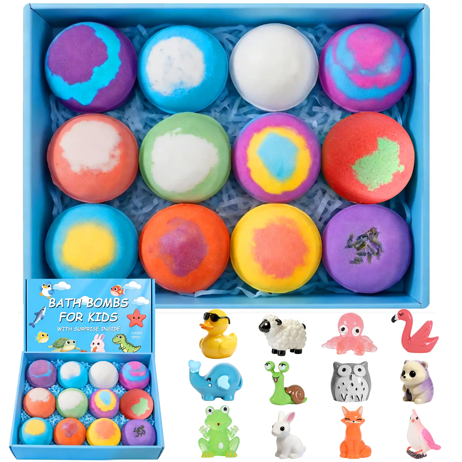 12 Pack Kids Bath Bombs with Surprise Inside, Bubble Bath Bomb Gift Set for Kids, Summer Bath Time Fun, Gentle Organic Formula