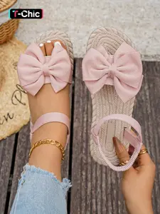 Vortread Women's Butterfly Knot Straw Sole Sandals, Open Toe Strap Summer Casual Flat Shoes, Comfortable and Stylish Footwear for Women, Bohemian Sandals, Boho Sandals