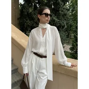 Cider V-Neck Long Sleeve Blouse With Scarf