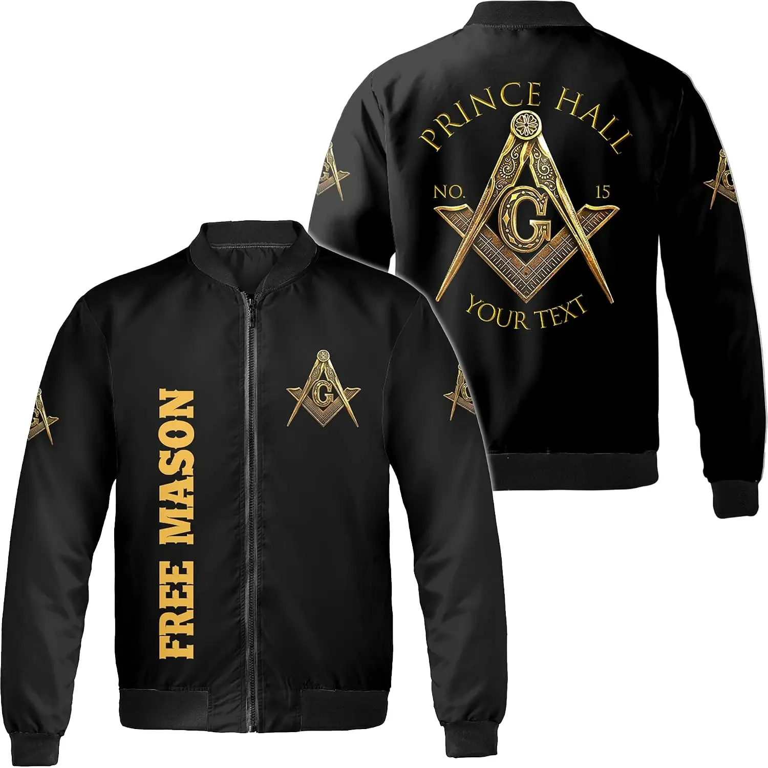 Personalized Masonic Inspired Bomber Jacket S–5XL - Black Gold Fraternal Symbol Zip Up Jacket, Custom Text Outerwear, Classic Brotherhood Style Gift