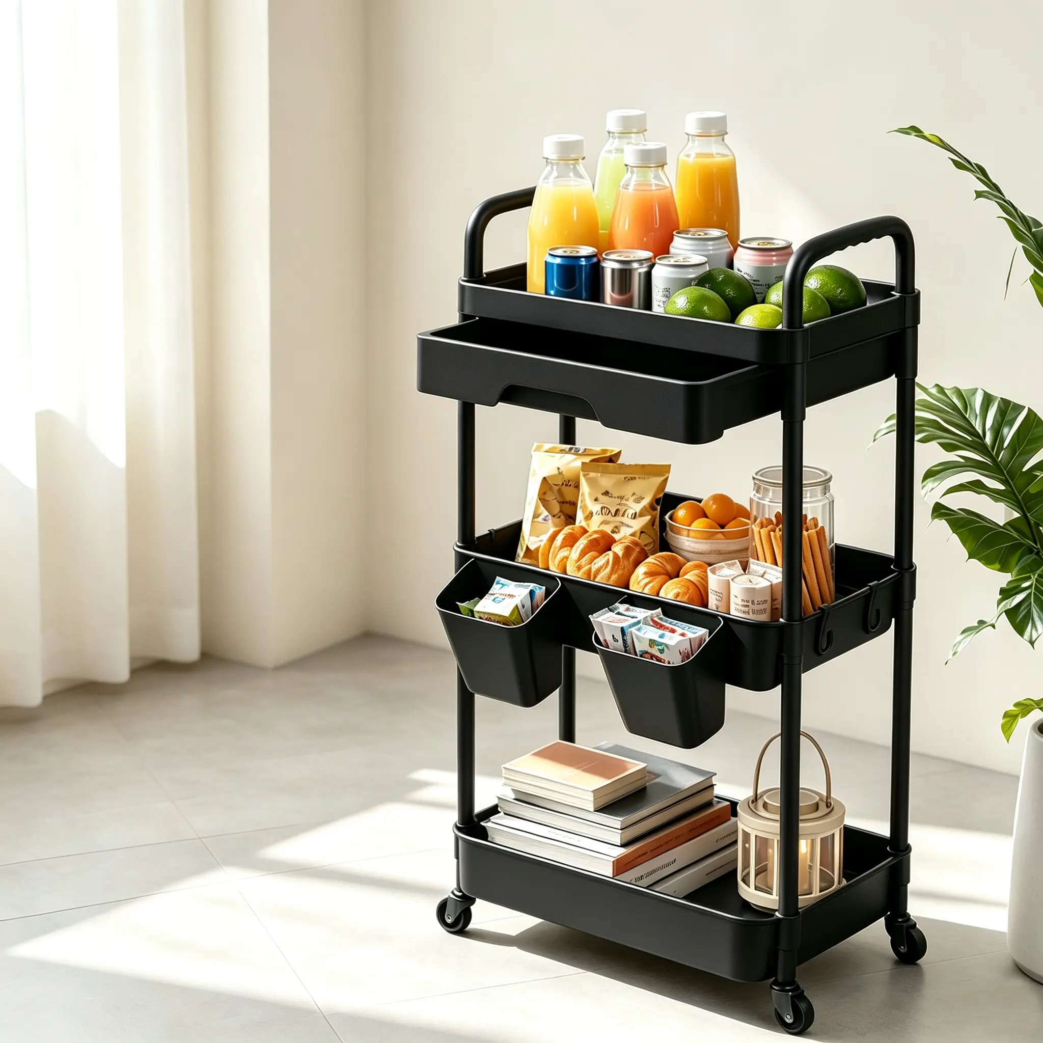 3-Tier Rolling Storage Cart with Pull Out Drawer, Mobile Utility Organizer Cart with Hanging Baskets & Lockable Wheels, Multi-Purpose Storage Trolley for Kitchen Bathroom Bedroom Dorm, Black & Pink 2 Colors Available