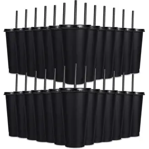 24 Pack Plastic Tumblers with Lids and Straws,  Cups with Lids Plastic Colorful Cups for Parties Birthdays, Iced Coffee Cup Cold Drink Cups Bulk Tumblers (24 oz, Stylish Colors-Black)