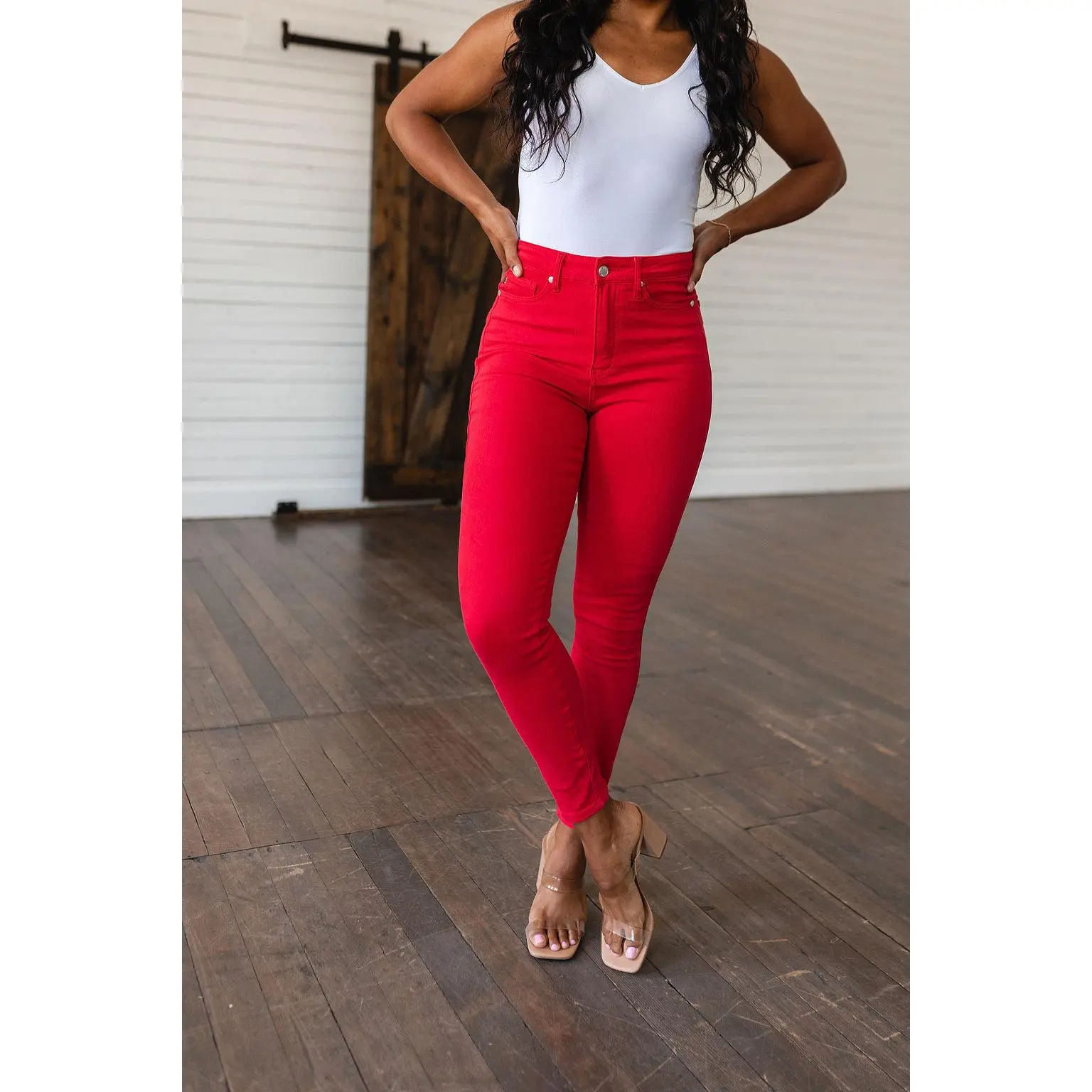 Judy Blue • Ruby High Rise Control Top Garment Dyed Skinny Jeans in Red, Spandex, Cotton, Bottom, Denim