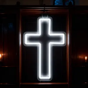 Cross Neon LED Sign, Art Deco Wall Sconce, Cross Glow Sign Wall Window Decor, Stylish Religious Decor, Bedroom Christian Religious Room Kids Room Decorations (White)