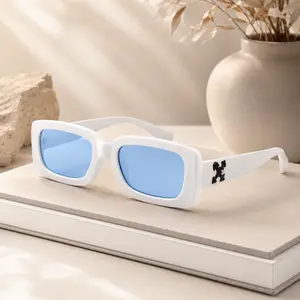 White Blue Lens Sunglasses for Women, Trendy Rectangle Fashion Shades, Stylish UV Protection Eyewear for Beach Travel Driving, Gift Box Included