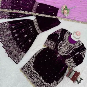 Viral Gharara Suit in Velvet Purple Color with Intricate Embroidery and Matching Dupatta for Festive Wear