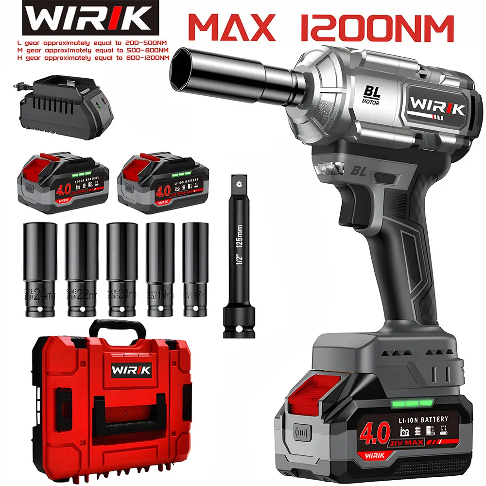 WIIRIK 1200NM (900FT-LBS) Cordless lmpact Wrench, For Automobiles, Trucks, 2x 4.0Ah Batteries, Fast Charger, 3000RPM, 5 Sockets & 1 Extension Bar