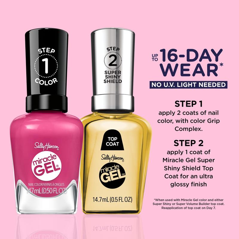 Sally Hansen Miracle Gel Supercharged Pinks Nail Polish + Super Shiny Shield Top Coat Duo Bundle, Long Wear, No UV Light Needed