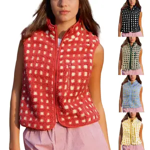 Molitree Checkered Sherpa Vest Fleece Jacket Lightweight Zip Up Sleeveless Crochet Plaid Gilet with Pocket Casual Blue