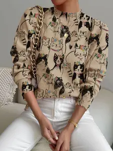 Women's Cartoon Cat Print Stand Collar Sweater, Fall Winter Casual Long Sleeve Knitwear, Comfortable Warm Daily Wear