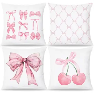 Pink Coquette Bow Pillow Covers 18x18 Set of 4, Room Decor With Cherry Heart, Girly Bedroom Stuff