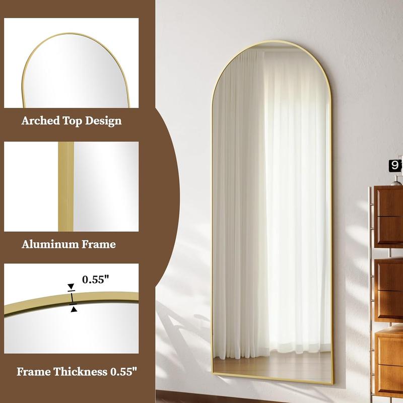 Full Length Mirror, 65"x24" Floor Mirror, Arched Floor Standing Freestanding Arch Full Body Mirrors with Stand for Bedroom, Hanging Mounted for Living Room Cloakroom,Gold