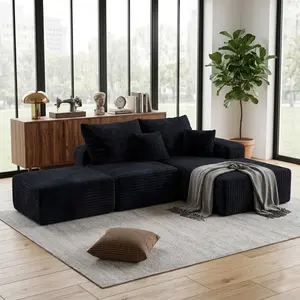 【2 Packages】Oneroom Organic Modern Black 103" Plush Corduroy No Assembly Required L-Shaped Modular Cloud Sectional Sofa, All-Foam Marshmallow Comfort