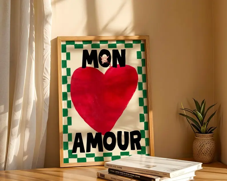 [UNFRAMED POSTER] Mon Amour French Art Print: Red Heart, Retro Valentine's Decor | Typograph Poster