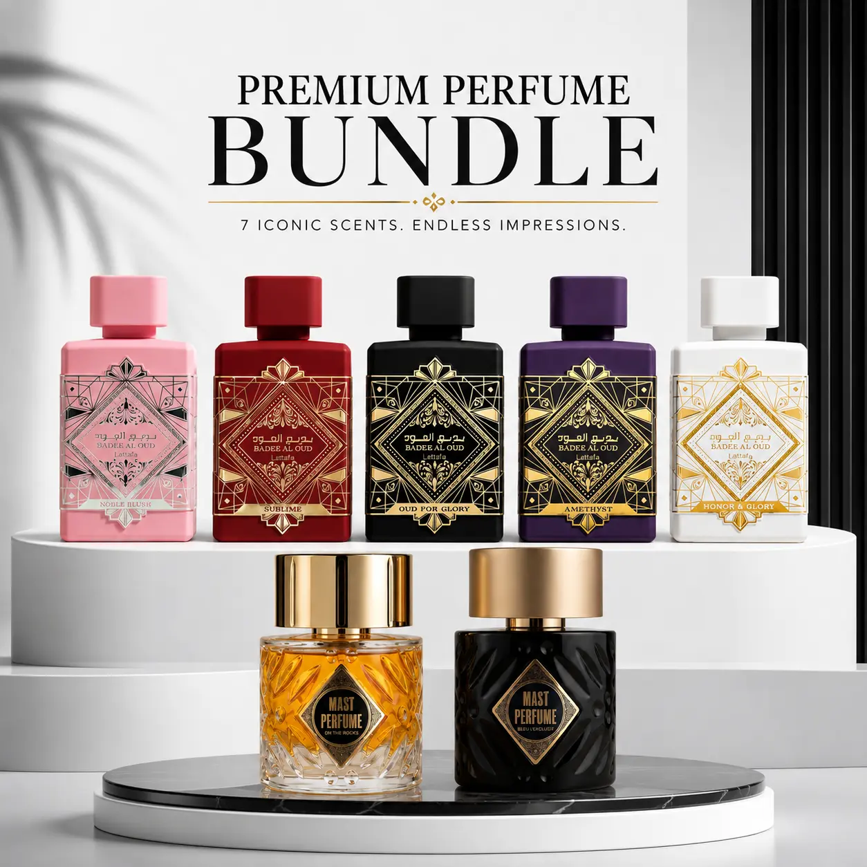 7-Piece Fragrance Bundle ONLY $85 | MAST Bleu L Exclusif + On The Rocks + Badee Al Oud