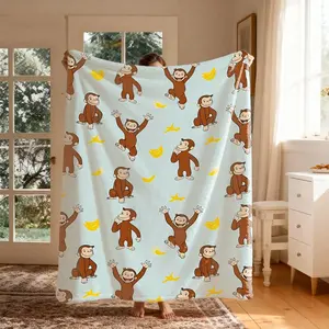 Curious George Monkey Banana Theme Flannel Printed Throw Blanket, Large-Size, Soft Lightweight Warm, Blankets for Bedroom, Ideal for Bed, Camping, Throw Blankets