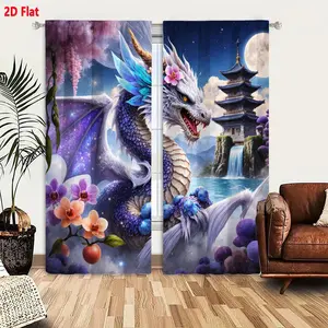 2D Flat Fantasy Dragon & Cherry Blossom Curtain 2-Piece Set - Iridescent White Blue Dragon with Purple Wings, Starry Night Sky, Pagoda & Waterfall Pattern, for Kids Bedroom Decor, Magical Serene Aesthetic Window Drapes