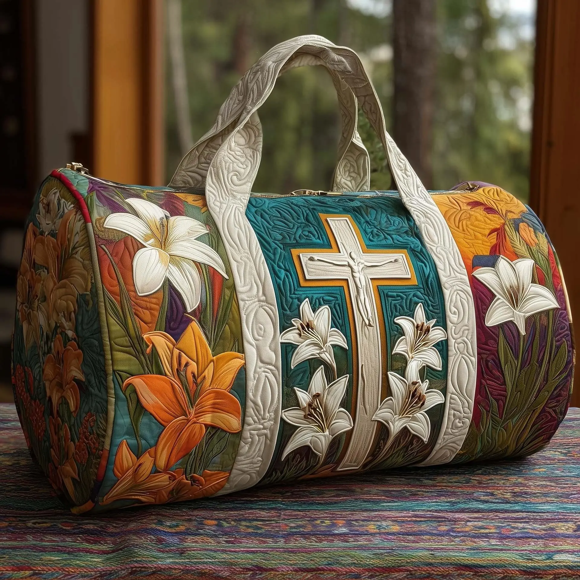 Women's New Easter Series Quilted Look Travel Bag, Lightweight Polyester Fiber Floral Print 3D Printed Quilted Cotton Handbag for Travel Use