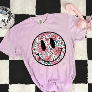 smiley pink girl shirt comfort colors unisex Vintage Floral T-Shirt