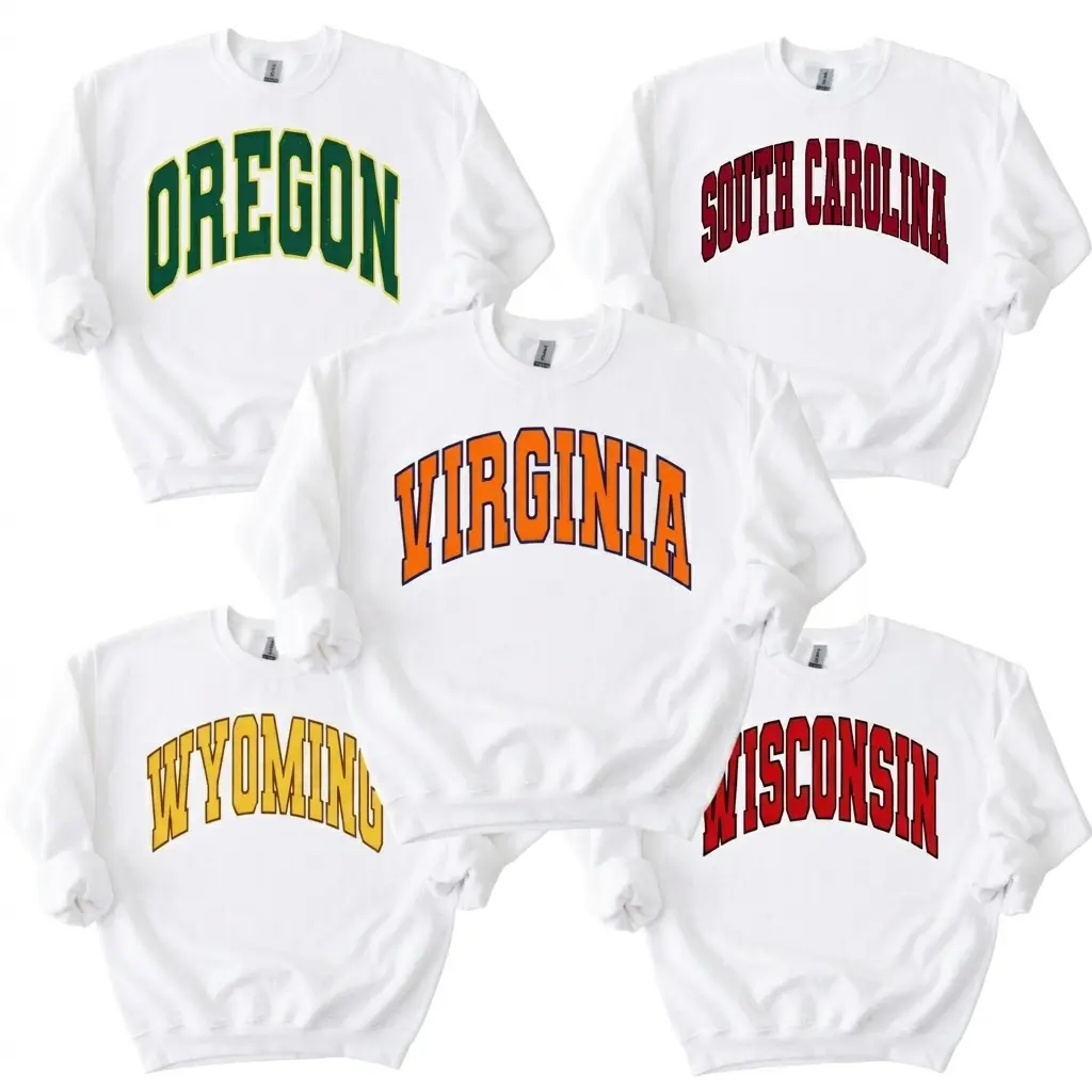 Retro Varsity State Sweatshirt - White Color, Vintage University Style Crewneck, US State Name Graphic Pullover, Campus Student Alumni Gift, College Game Day Apparel, Retro Collegiate Shirt, School Spirit Sweatshirt, Oversized Crewneck Graphic Sweatshirt