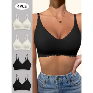4 counts Women's Wave Wireless Seamless Bra High Comfort Bra Removable Breast Pads Adjustable Straps Bra Breathable Wireless Bra Soft V-Neck Sporty Running Women's Bra Black White