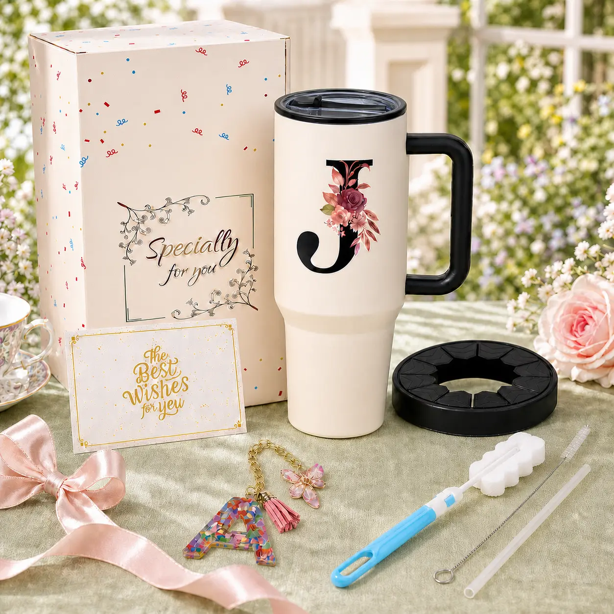 ZIOSINM 40oz Initial Tumbler Gift Set for Women, Leakproof Insulated Travel Mug with Handle, Gift Box, Greeting Card & Letter Keychain, Keeps Drinks Cold for 12 Hours