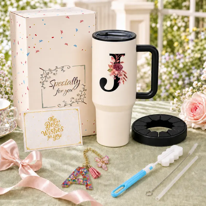 ZIOSINM 40oz Initial Tumbler Gift Set for Women, Leakproof Insulated Travel Mug with Handle, Gift Box, Greeting Card & Letter Keychain, Keeps Drinks Cold for 12 Hours