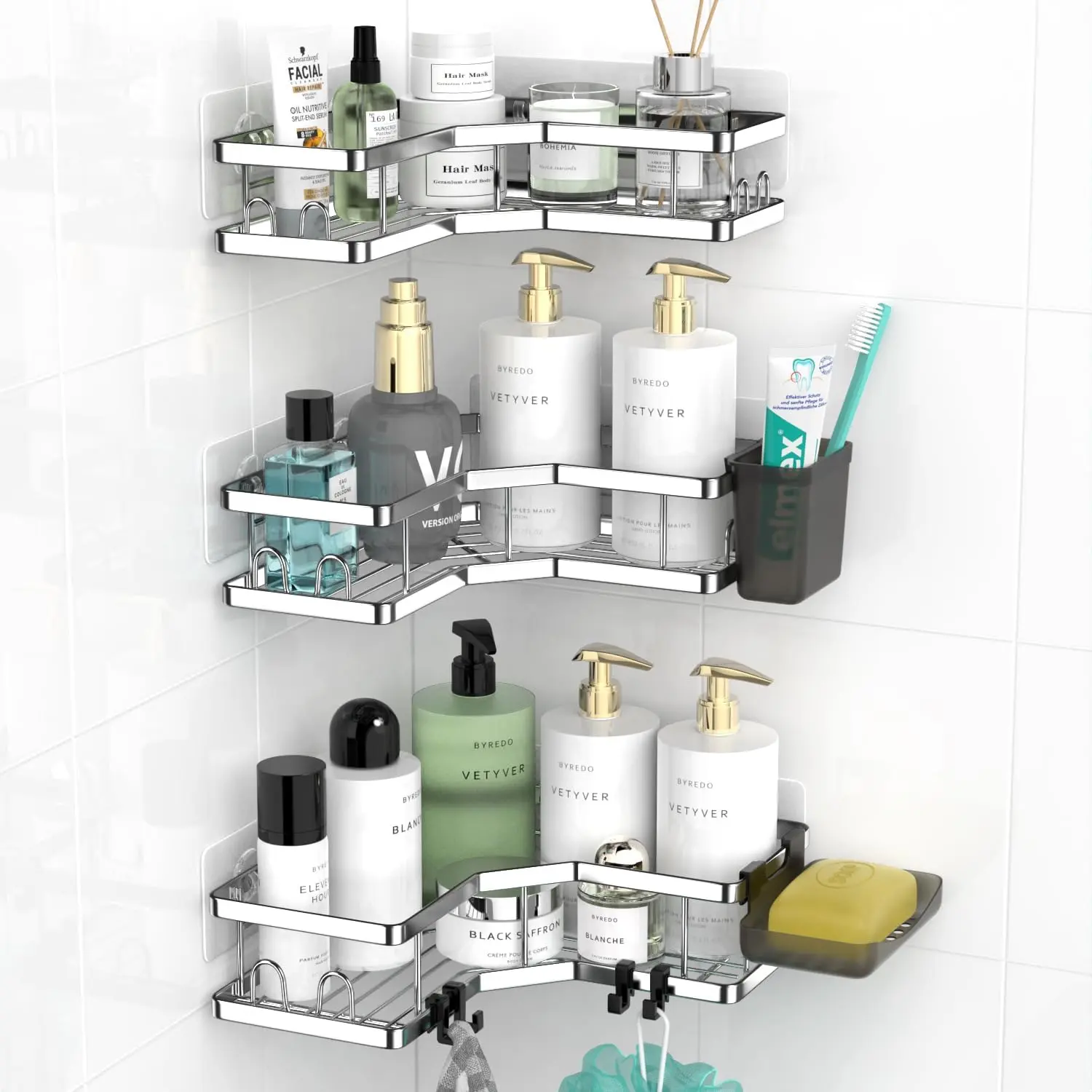 Corner Shower Caddy 3Pack, Adhesive Shower Rack with Soap Shampoo Holder, Multifunctional Shower Caddy, No Drilling Shower Shelf For Inside Shower，Rustproof Bath Tub Organizer