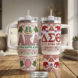 Sorority 40oz Tumbler with Handle | AKA Alpha Kappa Alpha & DST Delta Sigma Theta Bling Rhinestone Insulated Travel Mug | Greek Life Sisterhood Gift
