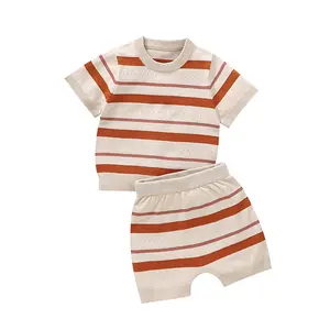 Adorable Striped Toddler 2-Piece Set | Breathable Knit Short-Sleeve Top & Shorts | Summer Casual Outfit for 1-4Y Baby | Cute Beige & Brown Kids Clothes #ToddlerSummerSet #Baby2PieceOutfit #CuteKidsCasual